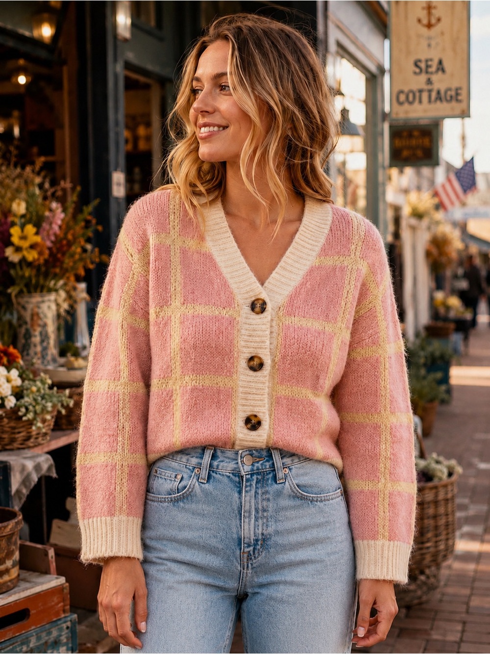 FRNCH NWT Plaid Mohair Blend Manila Cardigan in Rose Pale, Size S